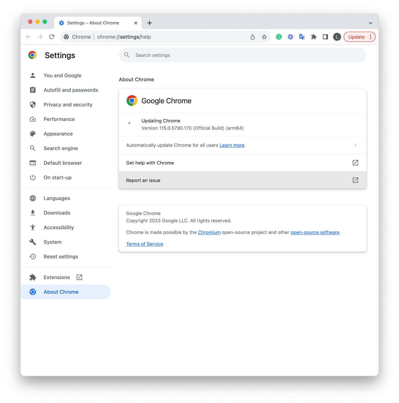 Chrome menu &ndash; About Google Chrome